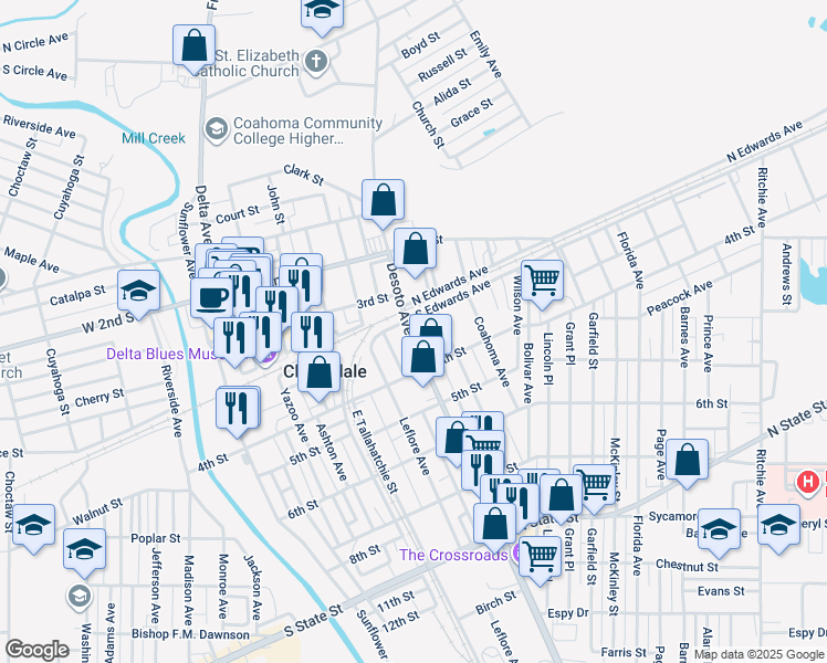 map of restaurants, bars, coffee shops, grocery stores, and more near 614 S Edwards Ave in Clarksdale