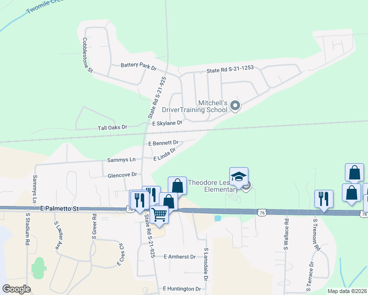 map of restaurants, bars, coffee shops, grocery stores, and more near 3328 East Linda Drive in Florence
