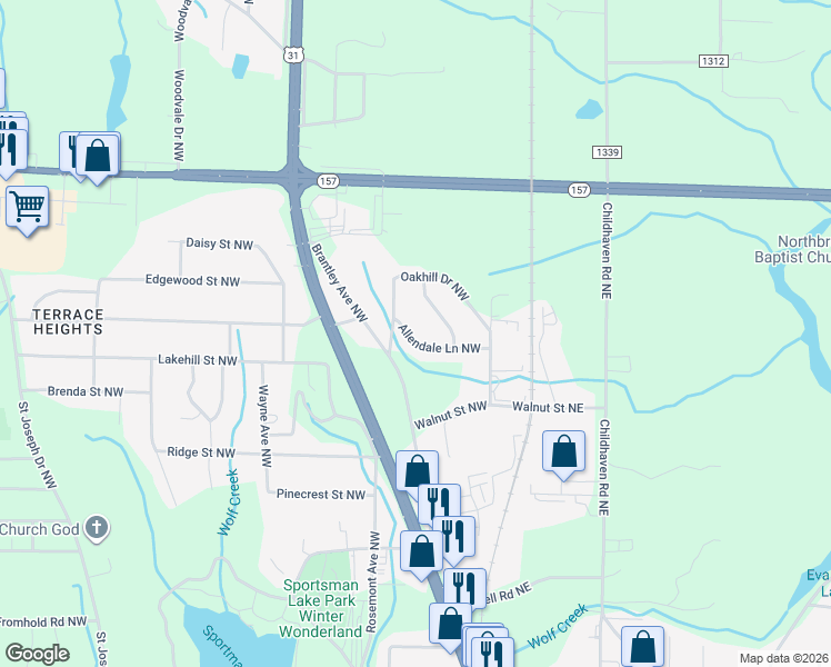 map of restaurants, bars, coffee shops, grocery stores, and more near 1415 Allendale Lane Northwest in Cullman
