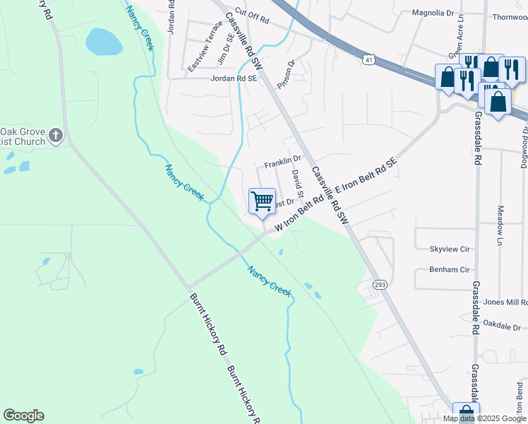 map of restaurants, bars, coffee shops, grocery stores, and more near 7 South Drive in Cartersville