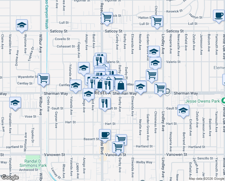 map of restaurants, bars, coffee shops, grocery stores, and more near 18419 Sherman Way in Los Angeles