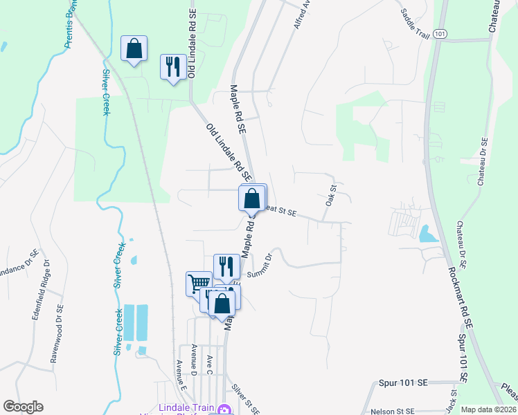 map of restaurants, bars, coffee shops, grocery stores, and more near 3101 Maple Road Southeast in Lindale