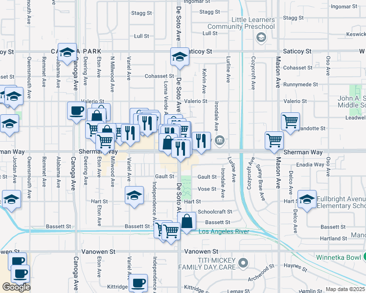 map of restaurants, bars, coffee shops, grocery stores, and more near 20857 Sherman Way in Los Angeles