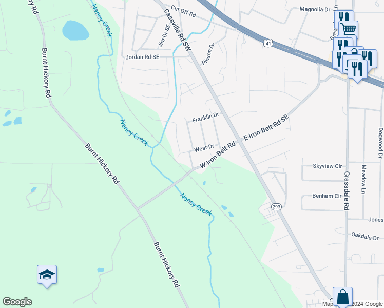 map of restaurants, bars, coffee shops, grocery stores, and more near 7 South Drive in Cartersville