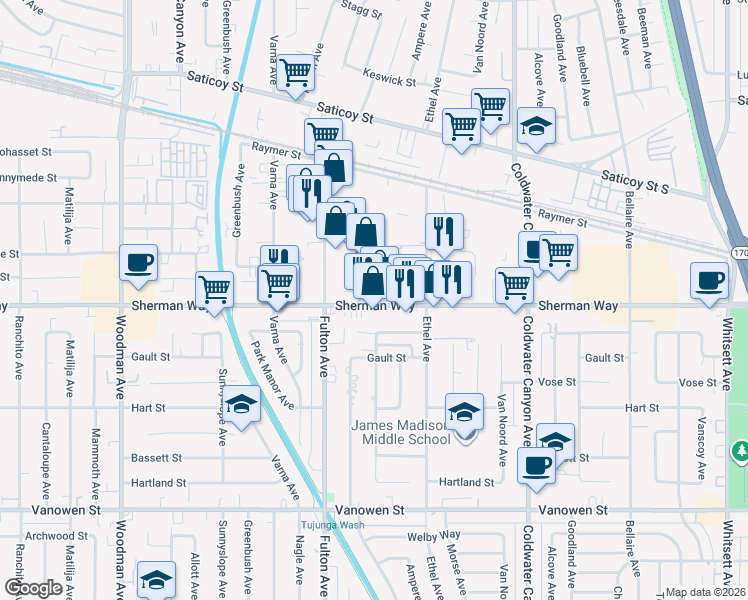map of restaurants, bars, coffee shops, grocery stores, and more near 13203 Sherman Way in Los Angeles