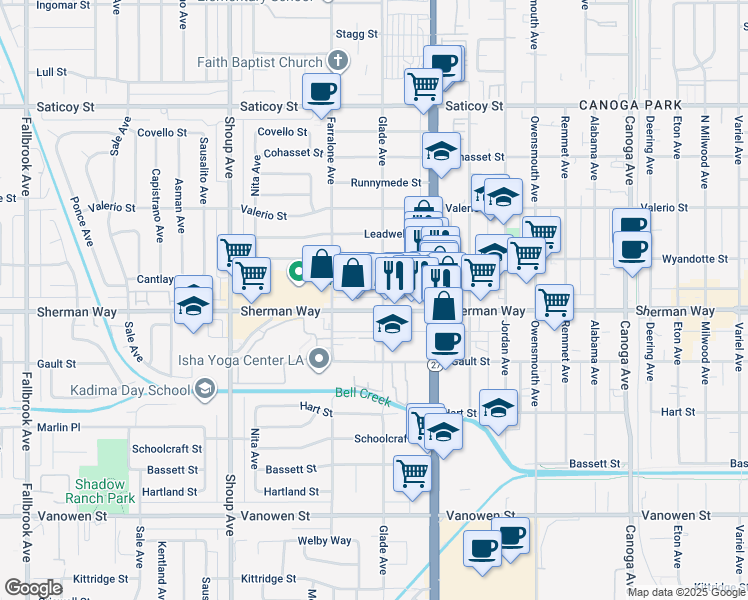 map of restaurants, bars, coffee shops, grocery stores, and more near 22063 Sherman Way in Los Angeles