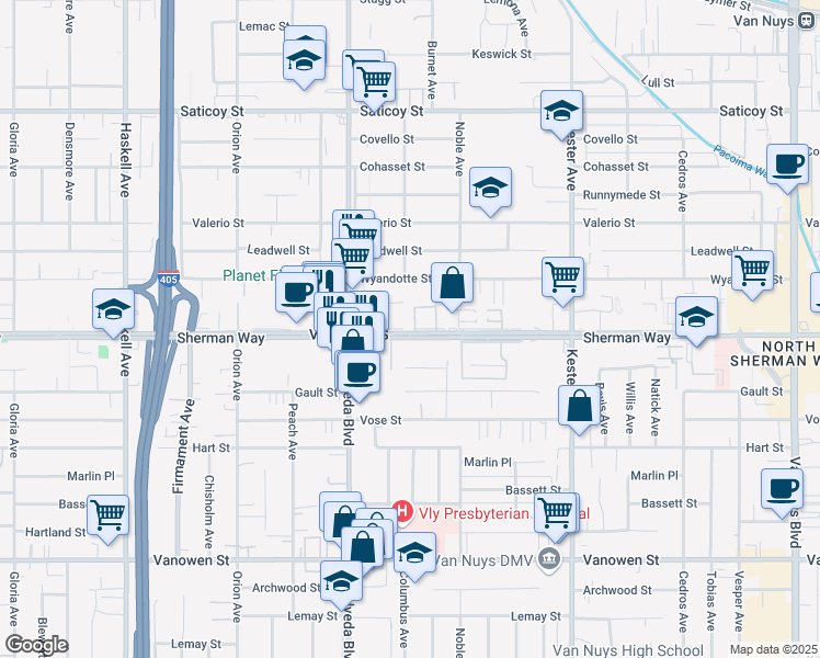map of restaurants, bars, coffee shops, grocery stores, and more near 3 Sherman Way in Los Angeles