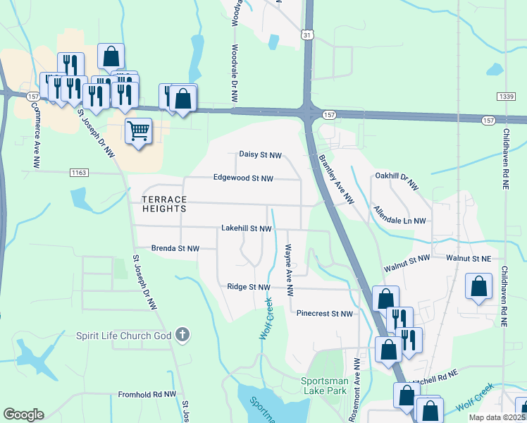 map of restaurants, bars, coffee shops, grocery stores, and more near 1616 Woodland Street Northwest in Cullman