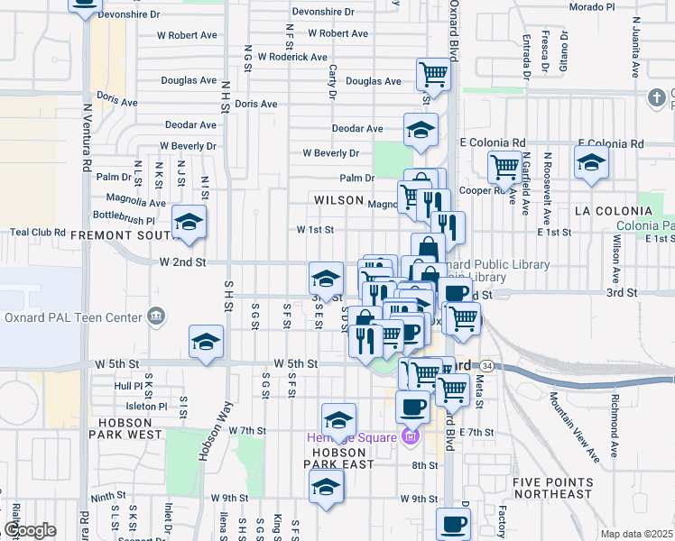 map of restaurants, bars, coffee shops, grocery stores, and more near 201 South D Street in Oxnard