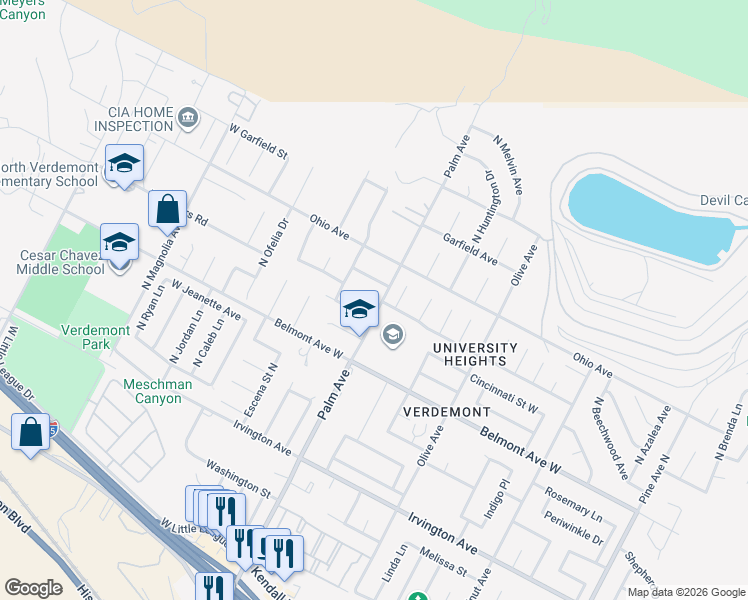 map of restaurants, bars, coffee shops, grocery stores, and more near 6637 North Blue Sky Court in San Bernardino