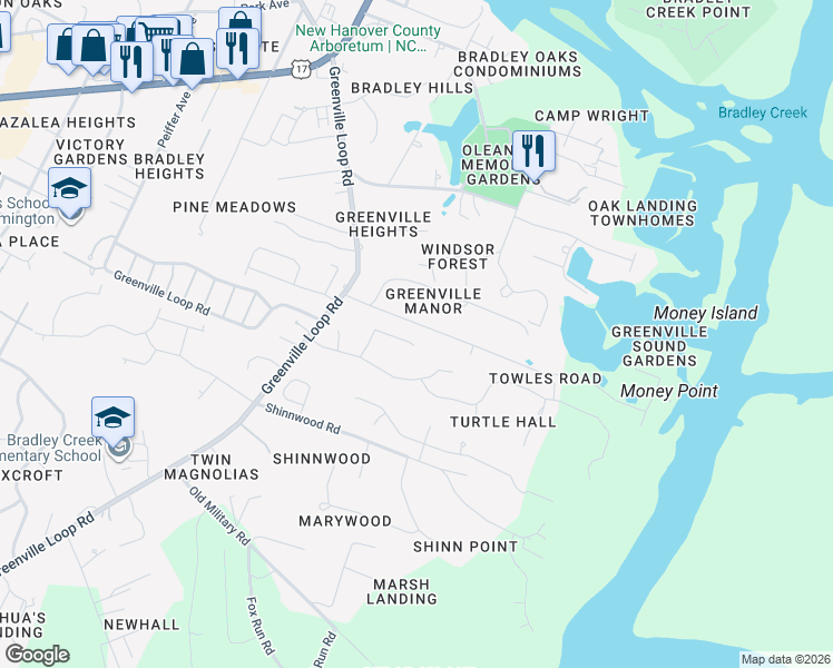 map of restaurants, bars, coffee shops, grocery stores, and more near 6230 Towles Road in Wilmington