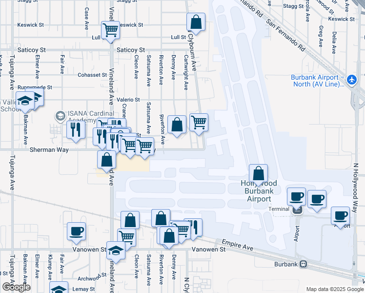 map of restaurants, bars, coffee shops, grocery stores, and more near 10723 Sherman Way in Los Angeles