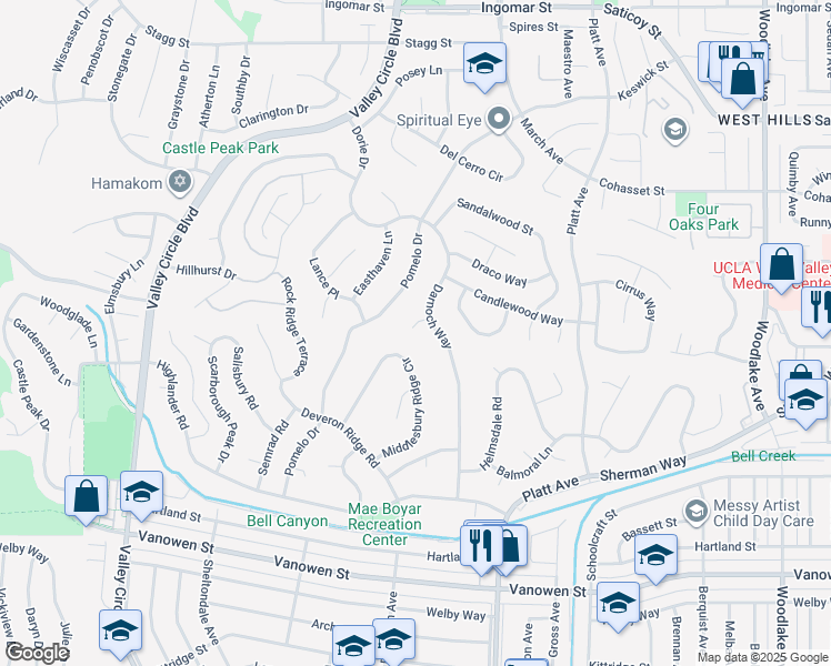 map of restaurants, bars, coffee shops, grocery stores, and more near 23760 Harwich Place in Los Angeles