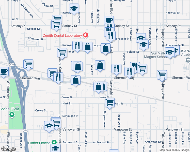 map of restaurants, bars, coffee shops, grocery stores, and more near 11803 Sherman Way in Los Angeles