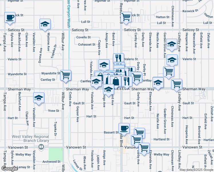 map of restaurants, bars, coffee shops, grocery stores, and more near 18566 Sherman Way in Los Angeles