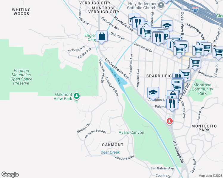map of restaurants, bars, coffee shops, grocery stores, and more near 3401 Country Club Drive in Glendale