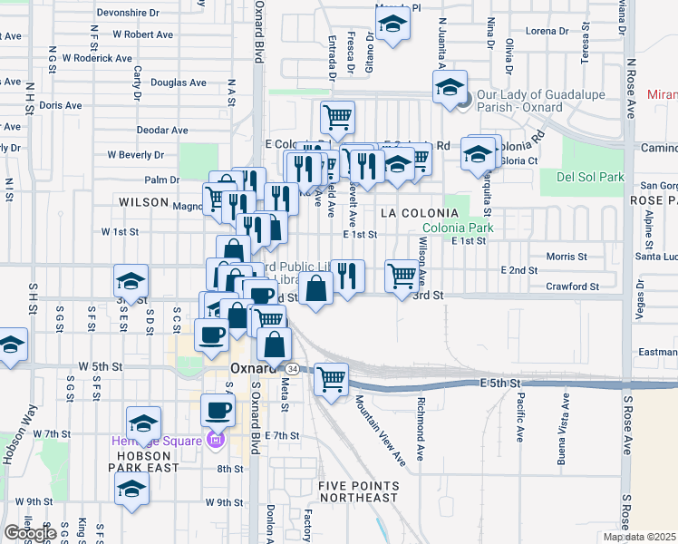 map of restaurants, bars, coffee shops, grocery stores, and more near 512 East 2nd Street in Oxnard