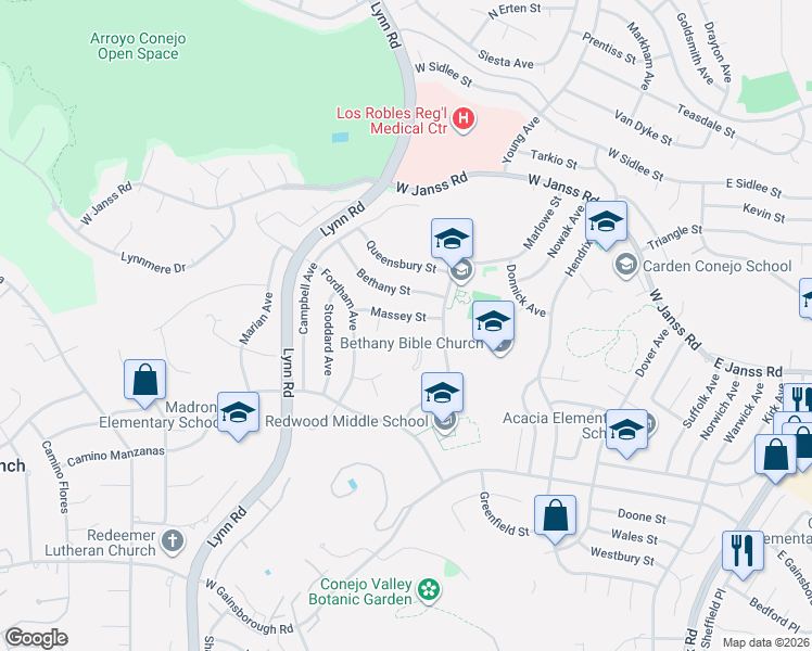 map of restaurants, bars, coffee shops, grocery stores, and more near 360 Massey Street in Thousand Oaks
