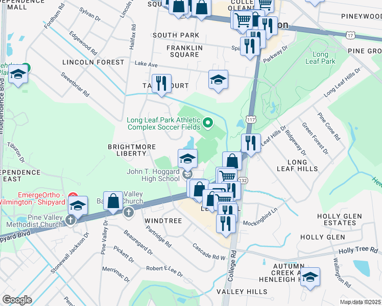 map of restaurants, bars, coffee shops, grocery stores, and more near 4305 Shipyard Boulevard in Wilmington