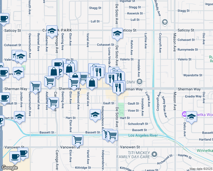 map of restaurants, bars, coffee shops, grocery stores, and more near 20943 Sherman Way in Los Angeles