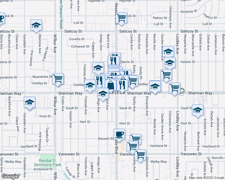 map of restaurants, bars, coffee shops, grocery stores, and more near 18515 Sherman Way in Los Angeles