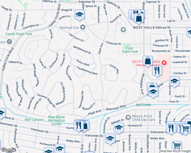 map of restaurants, bars, coffee shops, grocery stores, and more near 7232 Hyannis Drive in Los Angeles