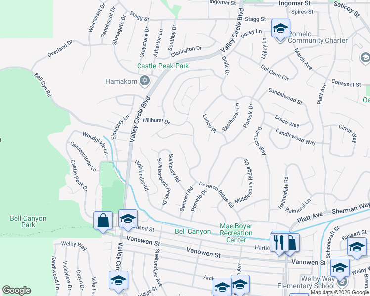 map of restaurants, bars, coffee shops, grocery stores, and more near in Bell Canyon