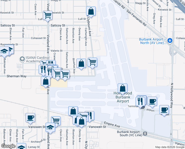 map of restaurants, bars, coffee shops, grocery stores, and more near 10657 Sherman Way in Los Angeles