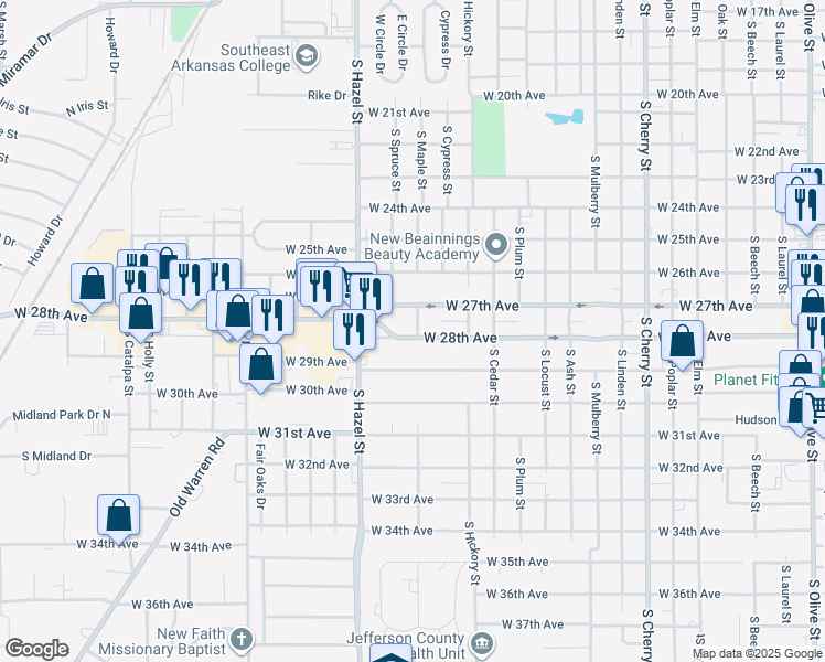 map of restaurants, bars, coffee shops, grocery stores, and more near 1906 West 28th Avenue in Pine Bluff