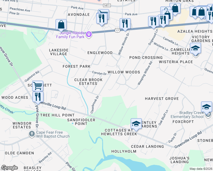 map of restaurants, bars, coffee shops, grocery stores, and more near 417 Clearbrook Drive in Wilmington