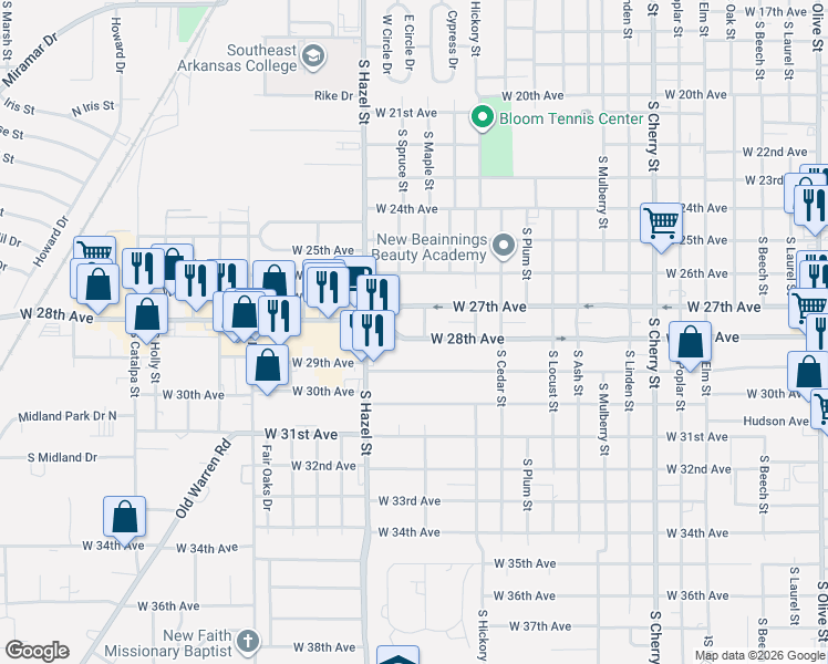 map of restaurants, bars, coffee shops, grocery stores, and more near 1906 West 28th Avenue in Pine Bluff