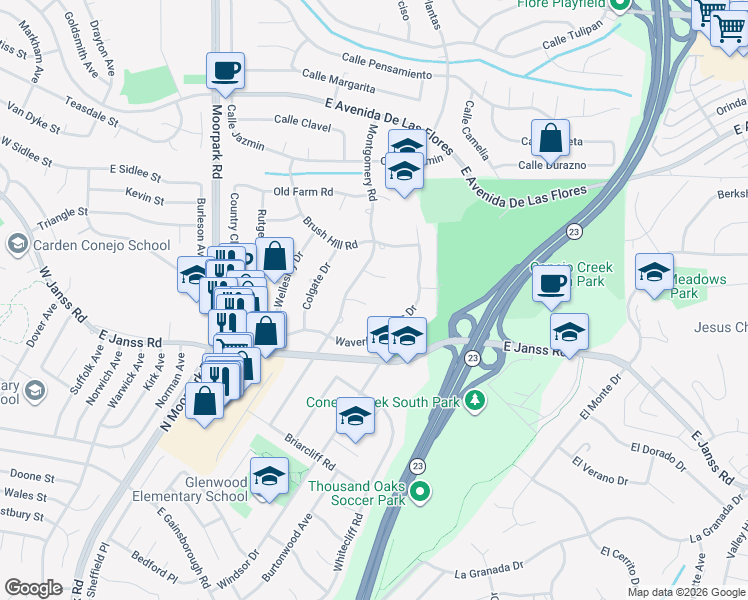map of restaurants, bars, coffee shops, grocery stores, and more near 965 Pickwick Court in Thousand Oaks