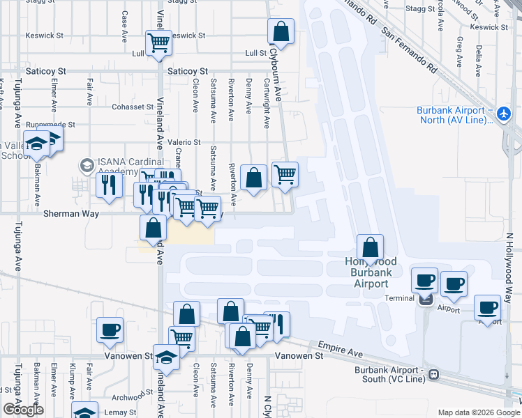 map of restaurants, bars, coffee shops, grocery stores, and more near 10723 Sherman Way in Los Angeles