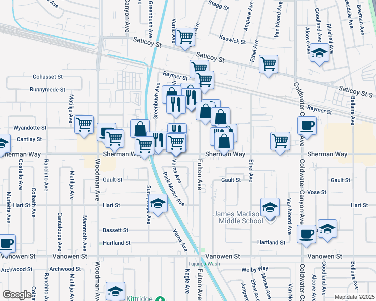 map of restaurants, bars, coffee shops, grocery stores, and more near 13329 Sherman Way in Los Angeles