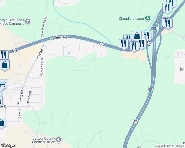 map of restaurants, bars, coffee shops, grocery stores, and more near 30 Backus Road Southeast in Cartersville