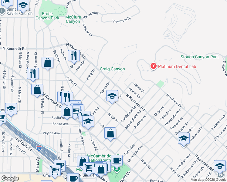 map of restaurants, bars, coffee shops, grocery stores, and more near 2038 Richard Street in Burbank