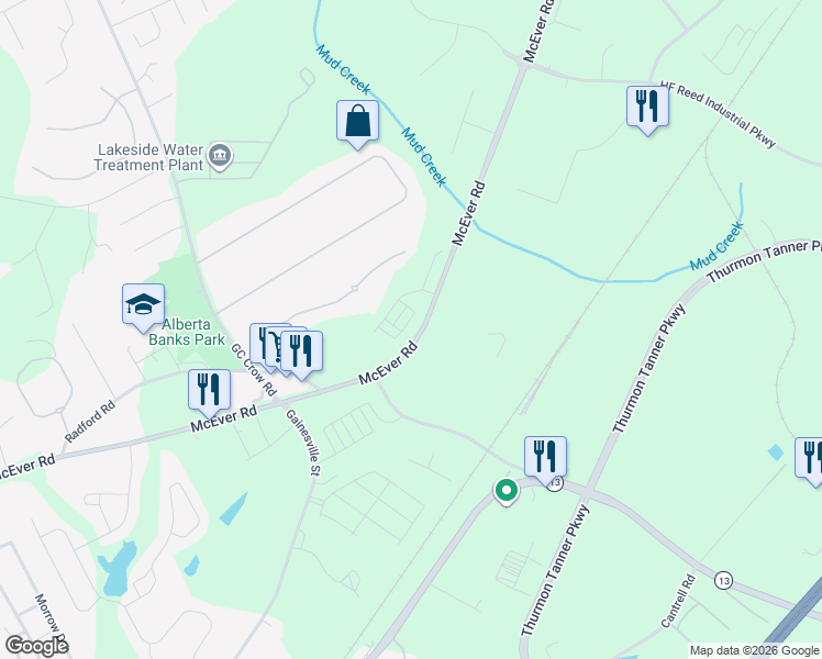 map of restaurants, bars, coffee shops, grocery stores, and more near 5425 Maple Grove Lane in Flowery Branch