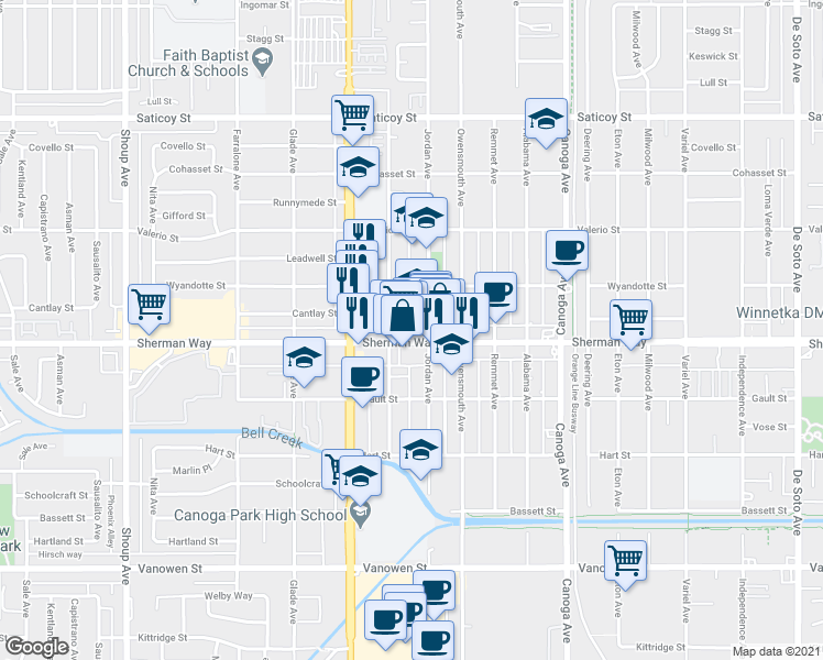 map of restaurants, bars, coffee shops, grocery stores, and more near 21815 Sherman Way in Los Angeles