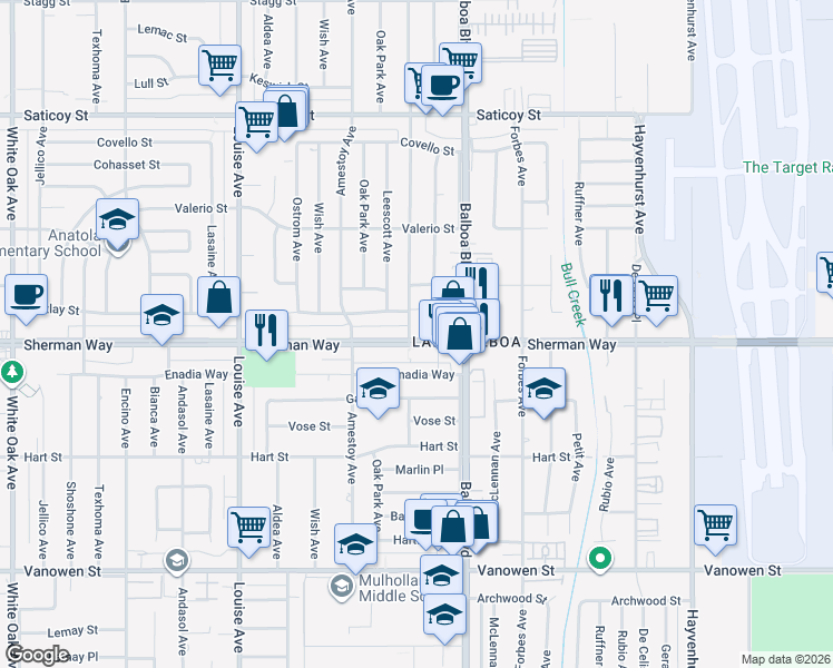 map of restaurants, bars, coffee shops, grocery stores, and more near 16955 Sherman Way in Los Angeles