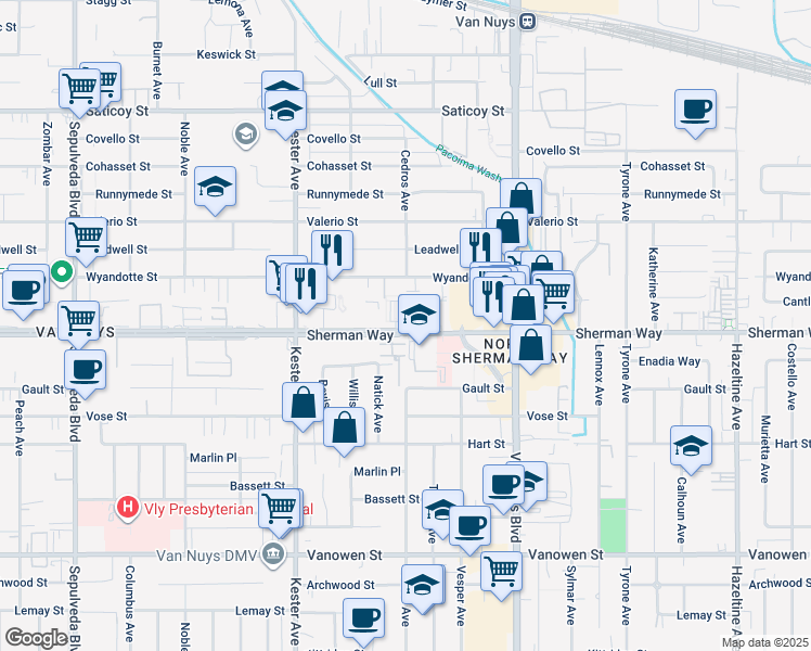 map of restaurants, bars, coffee shops, grocery stores, and more near 14661 Sherman Way in Los Angeles