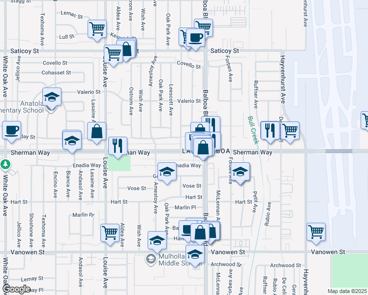 map of restaurants, bars, coffee shops, grocery stores, and more near 16955 Sherman Way in Los Angeles