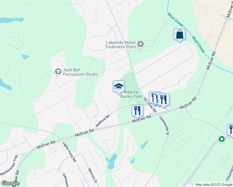 map of restaurants, bars, coffee shops, grocery stores, and more near 5544 Radford Road in Flowery Branch