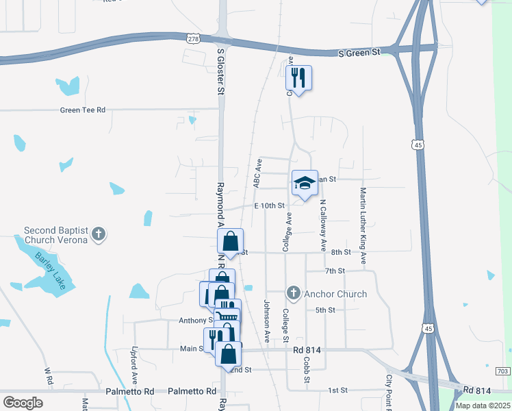 map of restaurants, bars, coffee shops, grocery stores, and more near 162 E 10th St in Tupelo