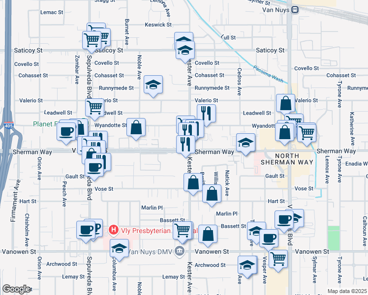 map of restaurants, bars, coffee shops, grocery stores, and more near 14915 Sherman Way in Los Angeles
