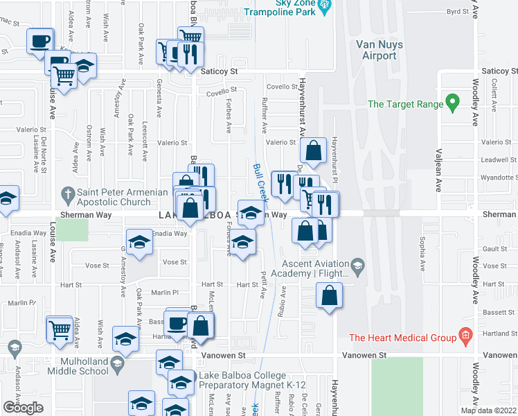map of restaurants, bars, coffee shops, grocery stores, and more near 16721 Sherman Way in Los Angeles