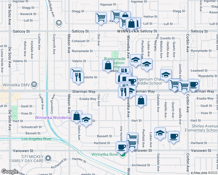 map of restaurants, bars, coffee shops, grocery stores, and more near 20211 Sherman Way in Los Angeles
