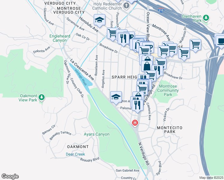 map of restaurants, bars, coffee shops, grocery stores, and more near 3432 Sierra Vista Avenue in Glendale