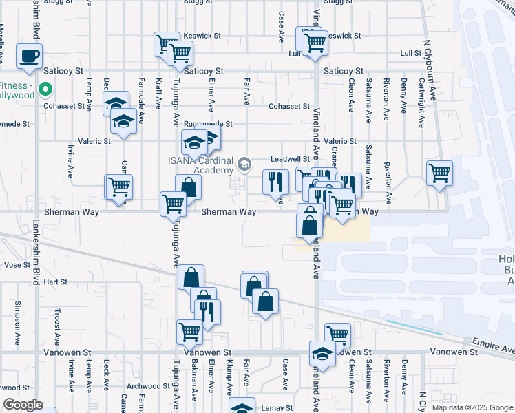 map of restaurants, bars, coffee shops, grocery stores, and more near 11143 Sherman Way in Los Angeles
