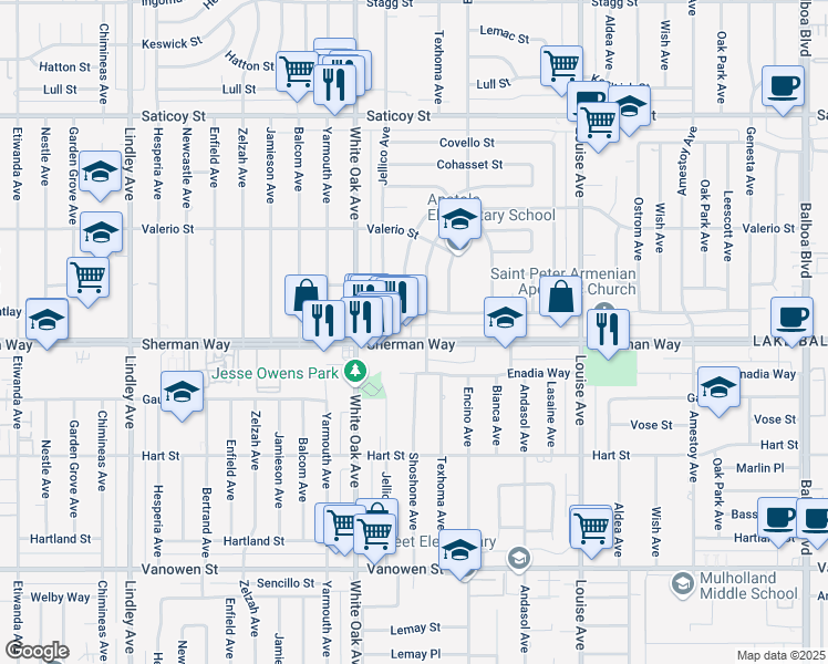 map of restaurants, bars, coffee shops, grocery stores, and more near 17563 Sherman Way in Los Angeles