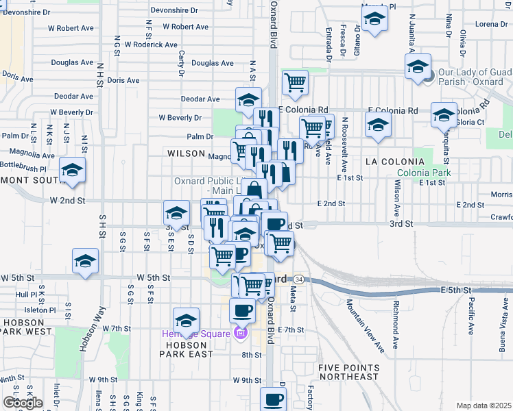 map of restaurants, bars, coffee shops, grocery stores, and more near 200 South A Street in Oxnard